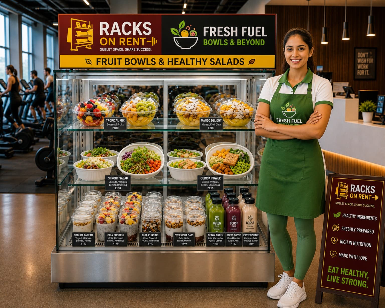 Fruit Bowls & Healthy Salads display